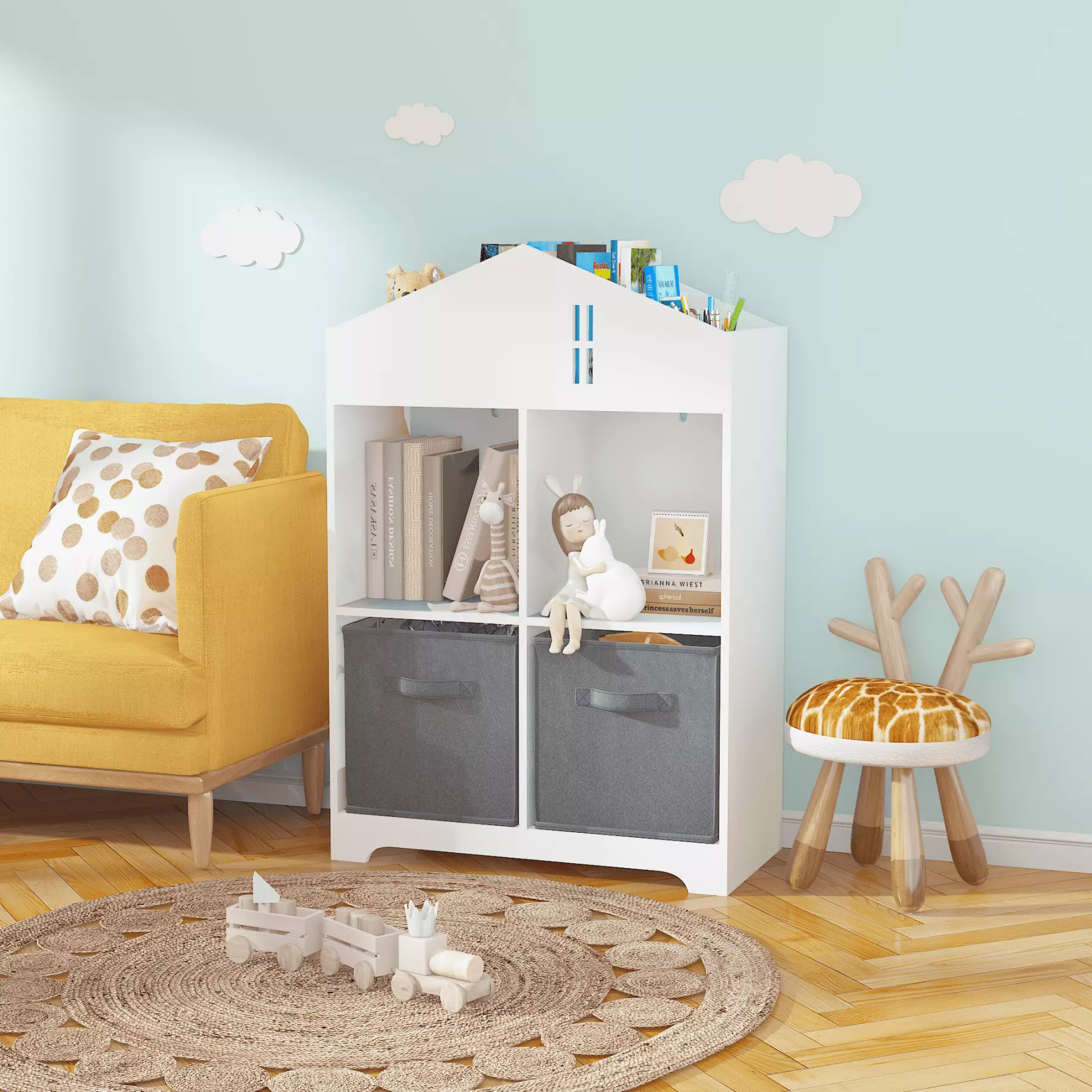 Kids Dollhouse Bookcase with Storage. 2-Tier Toy Storage Display Organizer. Toddler Bookshelf with Collapsible Fabric Drawer for Bedroom Living Room Playroom (White/Gray)