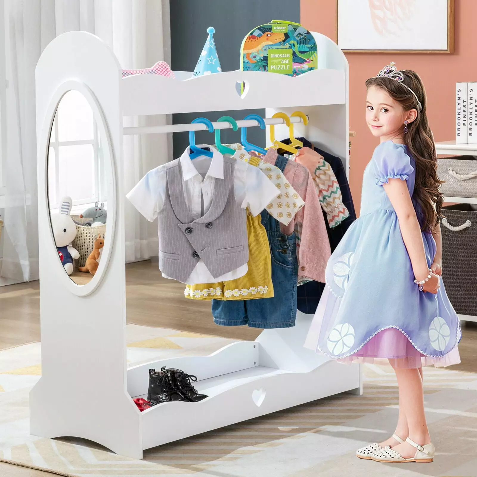 Kids Dress Up Storage Girls Armoire Bedroom Closet with Mirror. Side Pocket. Storage (White)