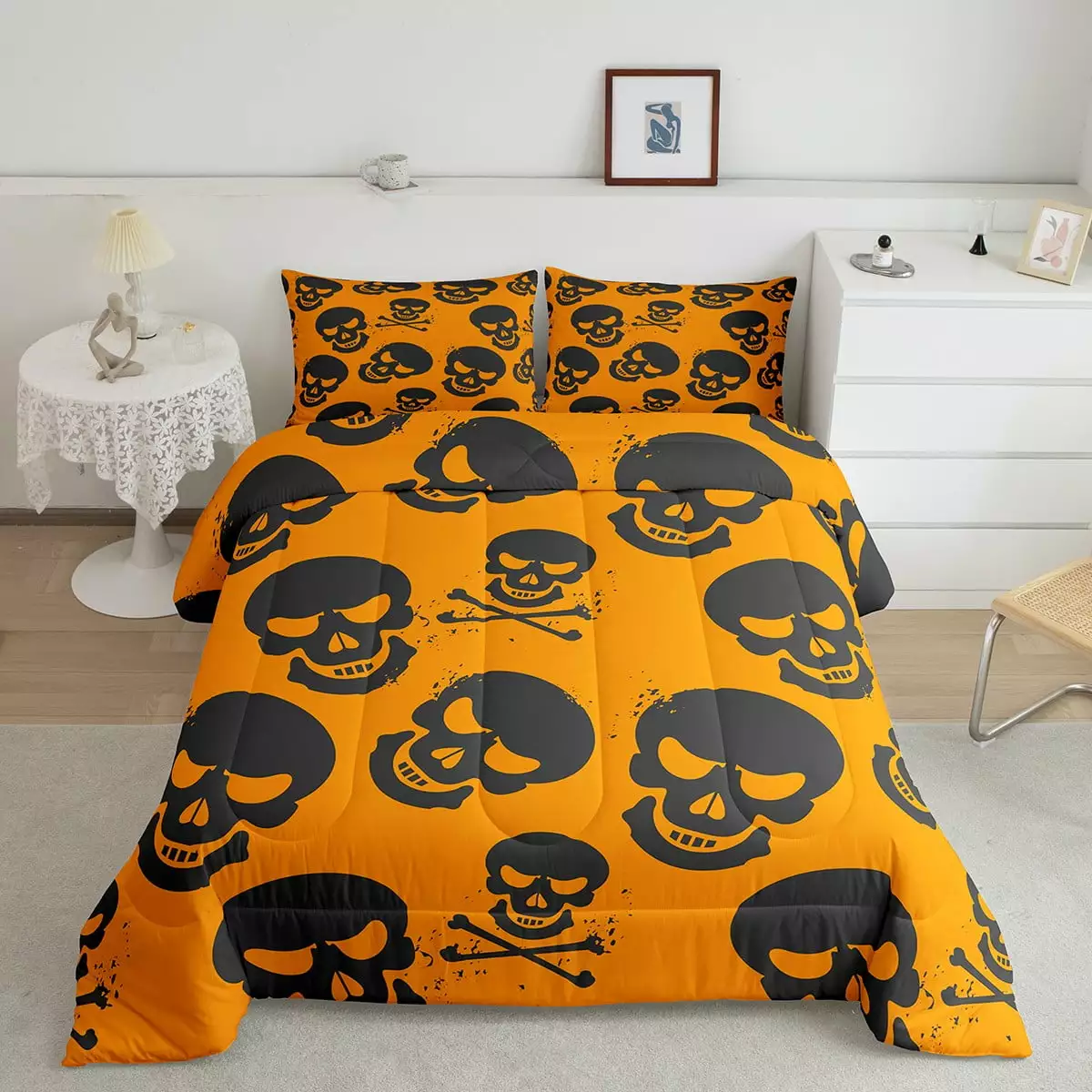 Kids Halloween Skeleton Bedding Sugar Skulls Comforter Set Twin for Boys Girls Adults. Skull Skeleton Bedding Comforter Sets Vintage Doodle Grunge Quilt 2Pcs - Yellow Grey