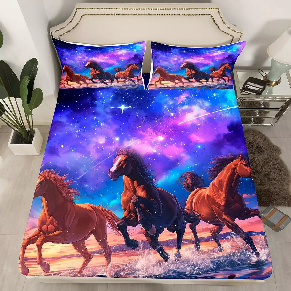 Kids Horse Twin Sheets Glitter Stars Bed Sheets For Boys Girls.Psychedelic Galaxy Bedding Purple Space Universe Bed Cover Brown Galloping Horse Bed Set Animal Themed Home Decor