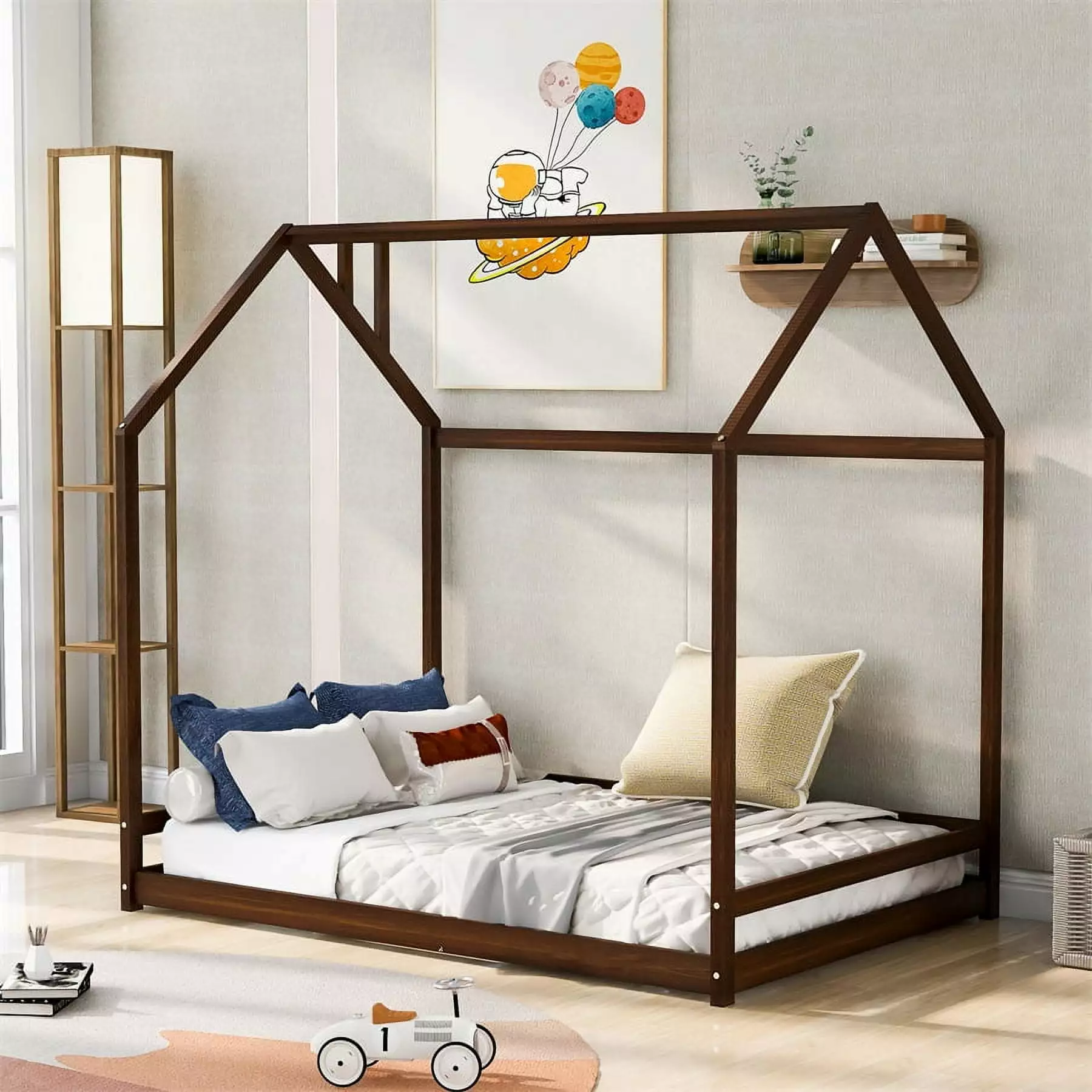 Kids House Bed Frame. Full Size Floor Platform Bed Frame for Toddlers. Boys and Girls. Wood Montessori Bed Tent Bed without Slats. 78L x 56.3W x 76H. Espresso