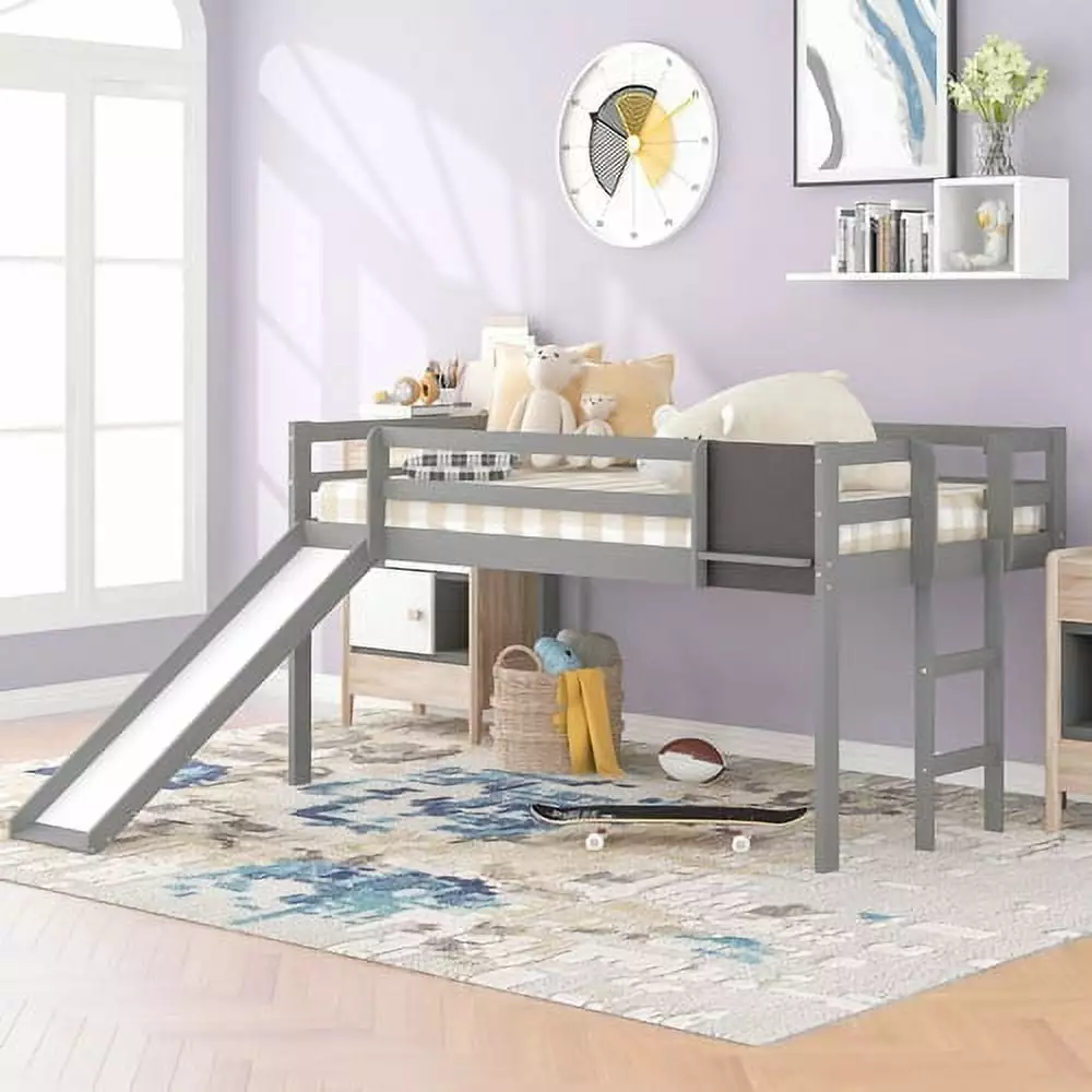 Kids Loft Bed with Slide Twin Bed with Slide. Ladder and Chalkboard. No Box Spring Needed. Multifunctional Space Saving Kids Bed Frame for Boys. Girls. Children(Gray)