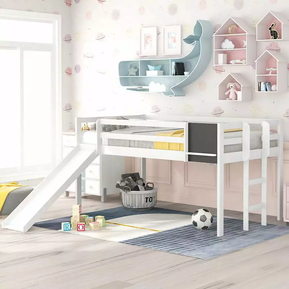 Kids Loft Bed with Slide Twin Bed with Slide. Ladder and Chalkboard. No Box Spring Needed. Multifunctional Space Saving Kids Bed Frame for Boys. Girls. Children(White)