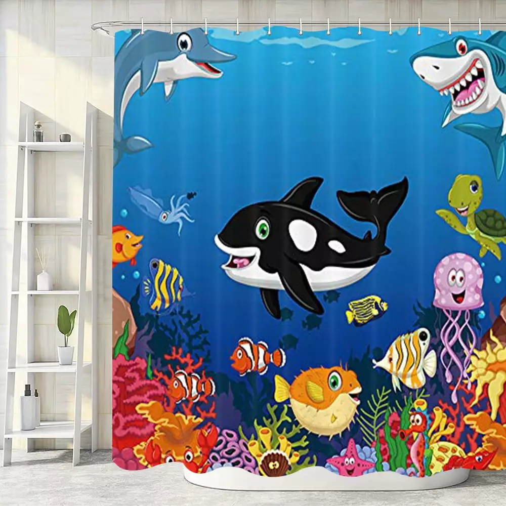 Kids Love Sea Animals Shower Curtains. Cartoon Whale Sea Life Swimming in Coral. Polyester Fabric Waterproof Ocean Animal Tropical Fish Bathroom Bath Curtain. Shower Curtain Hooks Included. 69X70in