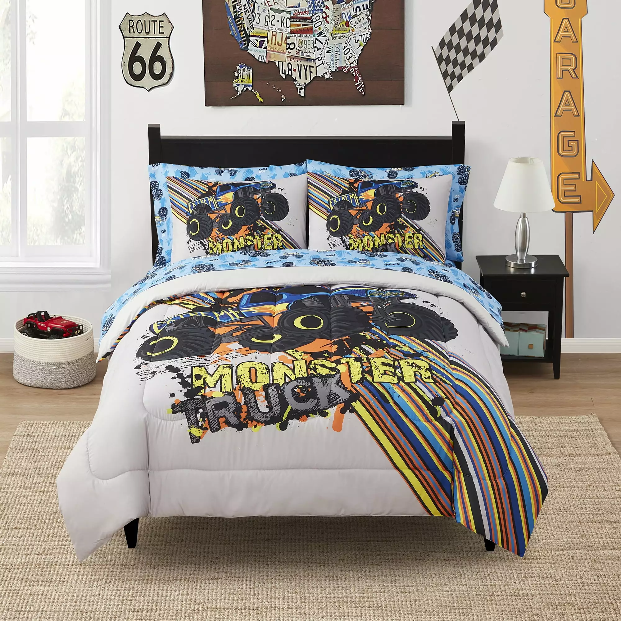 Kids Monster Truck Bed in a Bag 7 Piece Comforter. Sham & Sheet Set Full