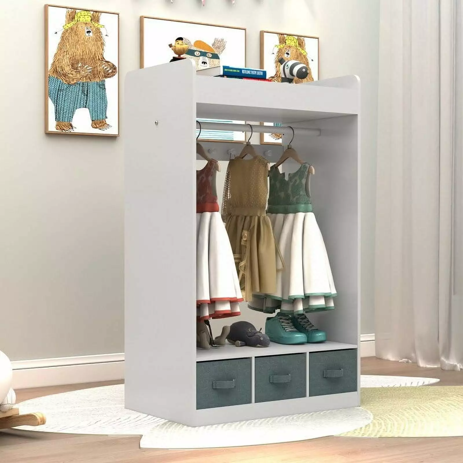 Kids Open Hanging Armoire Closet with Mirror White