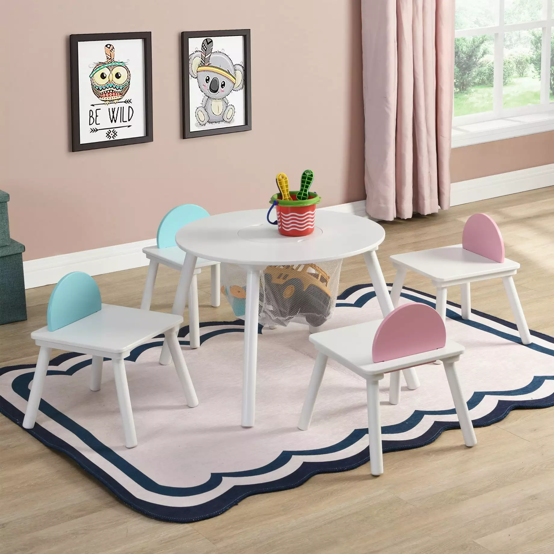 Kids Panel Table Set. Easy to Wipe Toddler Table and Chair Set with 4 Chairs. Children's Outdoor Furniture 5-Piece Set for Classrooms. Daycares. Homes. White