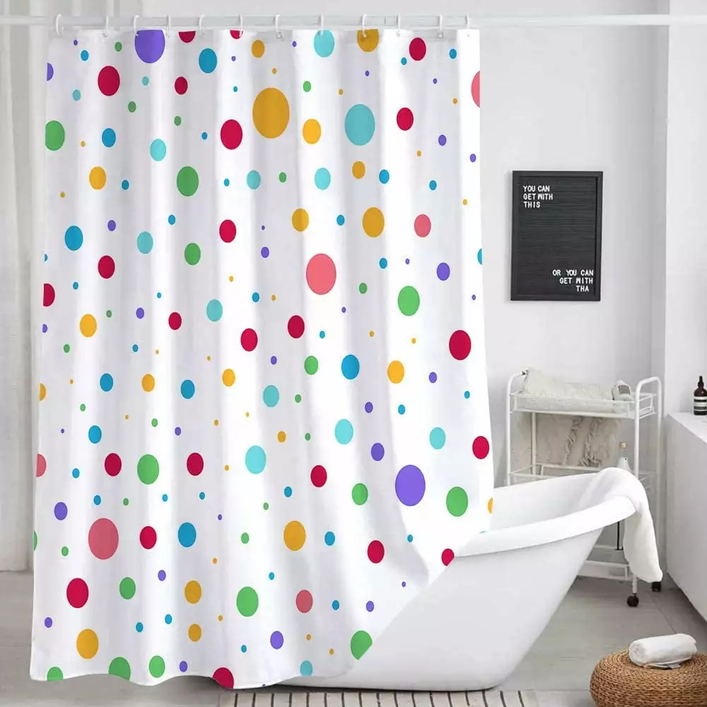 Kids Rainbow Shower Curtain for Bathroom. Colorful Polka Dot Fabric Shower Curtains Set. White Modern Geometric Cute Restroom Decor Accessories with Hooks 72X72 inches