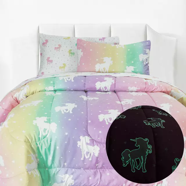 Kids Rule 5 Piece Unicorn and Stars Glow in the Dark Bedding Set. Rainbow Colors. Pink. Multicolored - Twin