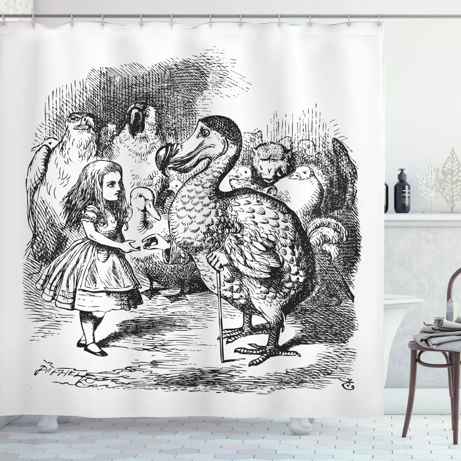 Kids Shower Curtain. Alice in Wonderland with Dodo Animal Adventures Big Bird Sketch Children Theme. Fabric Bathroom Set with Hooks. 69W X 70L Inches. Black and White. by Ambesonne