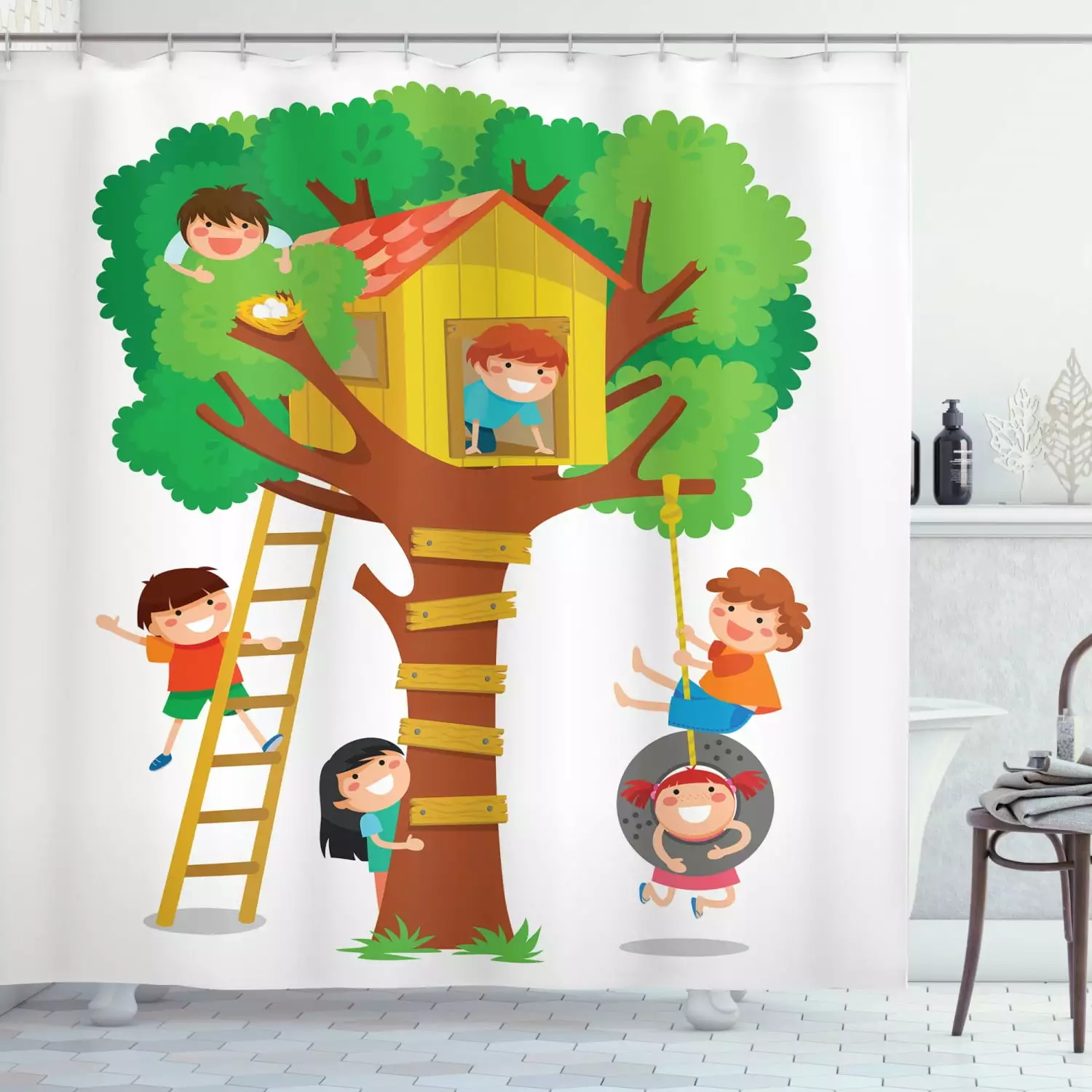 Ambesonne Cartoon Shower Curtain. Boys Girl in a Tree House. 69Wx70L. Multicolor