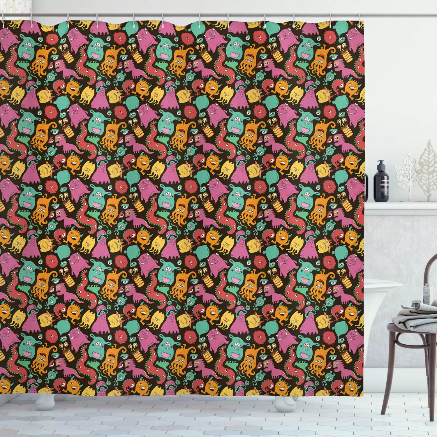 Ambesonne Cartoon Shower Curtain. Colorful Monster Pattern. 69Wx70L. Multicolor