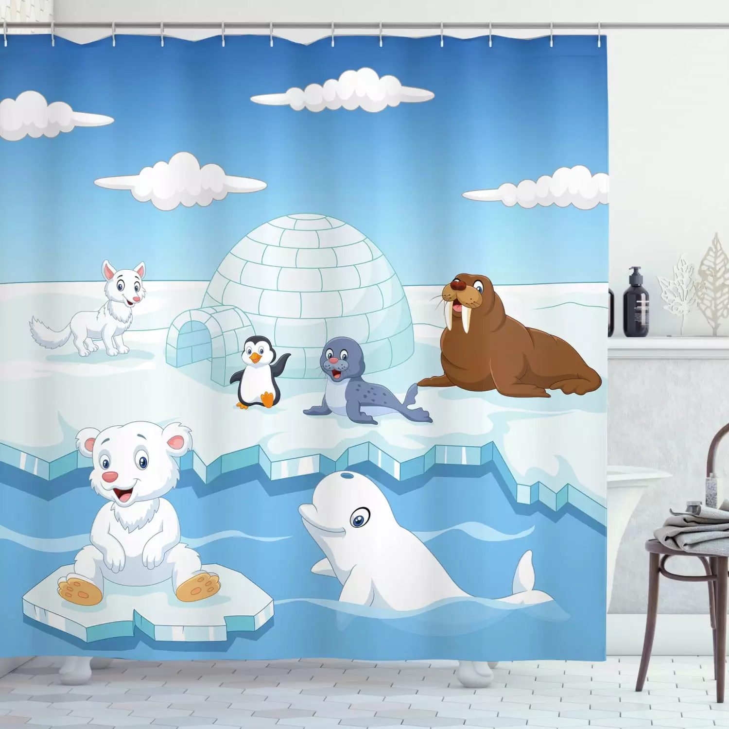 Ambesonne Animal Shower Curtain. Polar Bears Seal Penguins. 69Wx84L. Sky Blue and White