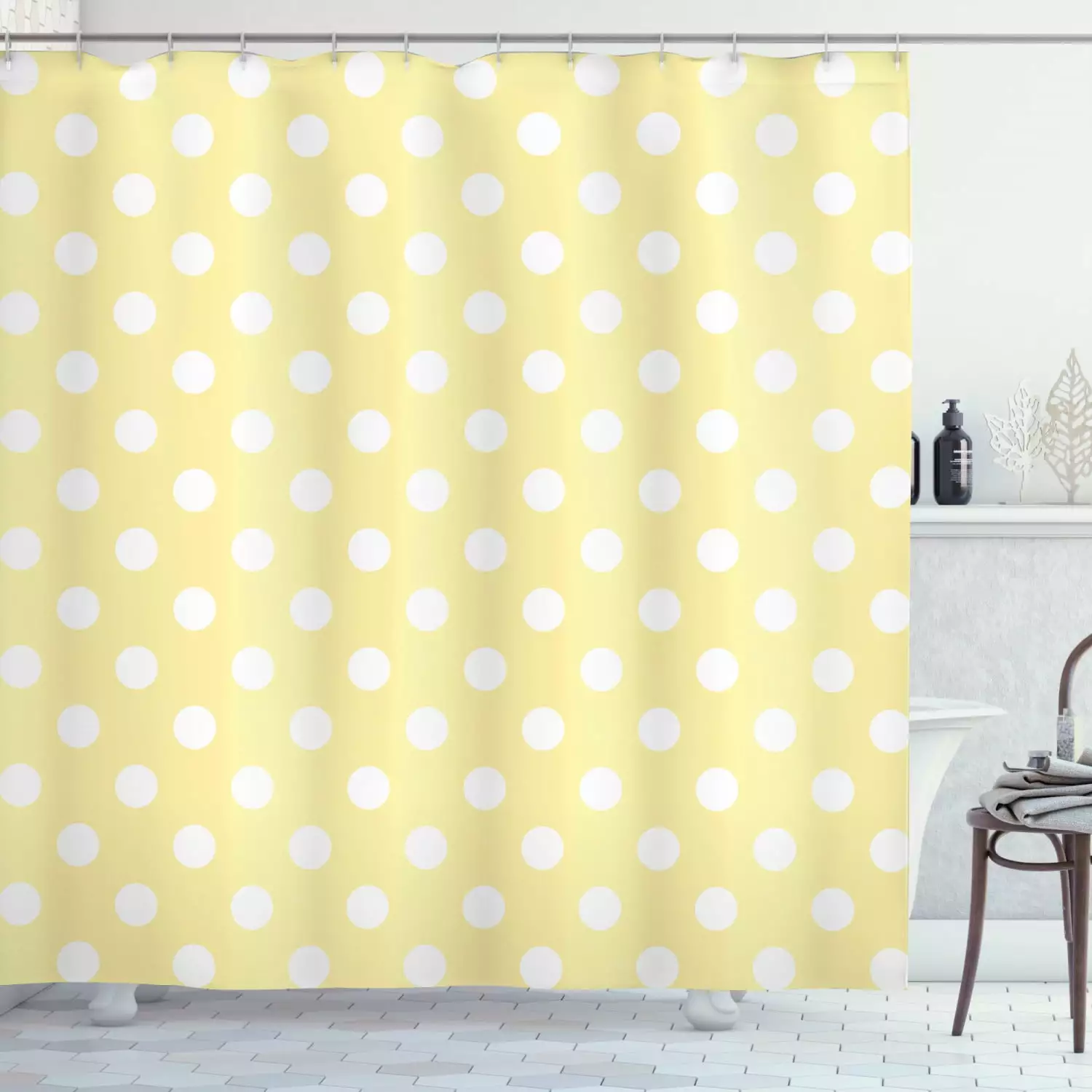 Ambesonne Dots Shower Curtain. Retro Polka Dots Yellow. 69Wx75L. Pale Yellow White