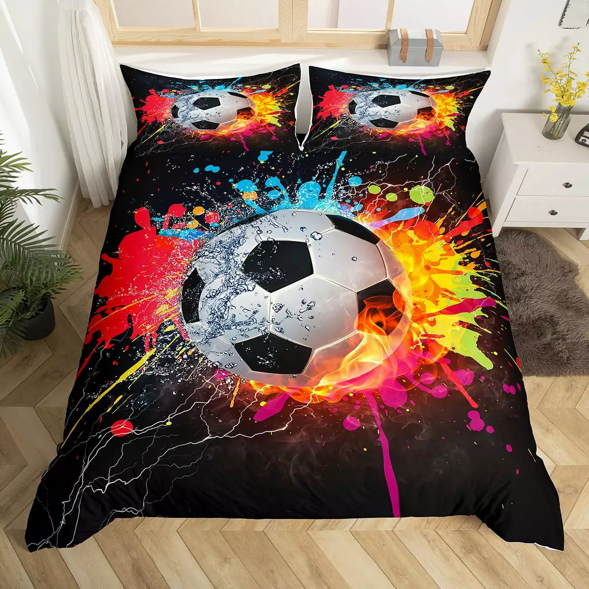 Kids Soccer Twin Size Duvet Cover Set For Boys Football Sports Bedding Set Teen Colorful Grunge Hippie Tie Dye Comforter Cover Red Blue Water Fire Lightning Quilt Cover Bedroom Dorm Decor 2 Pcs