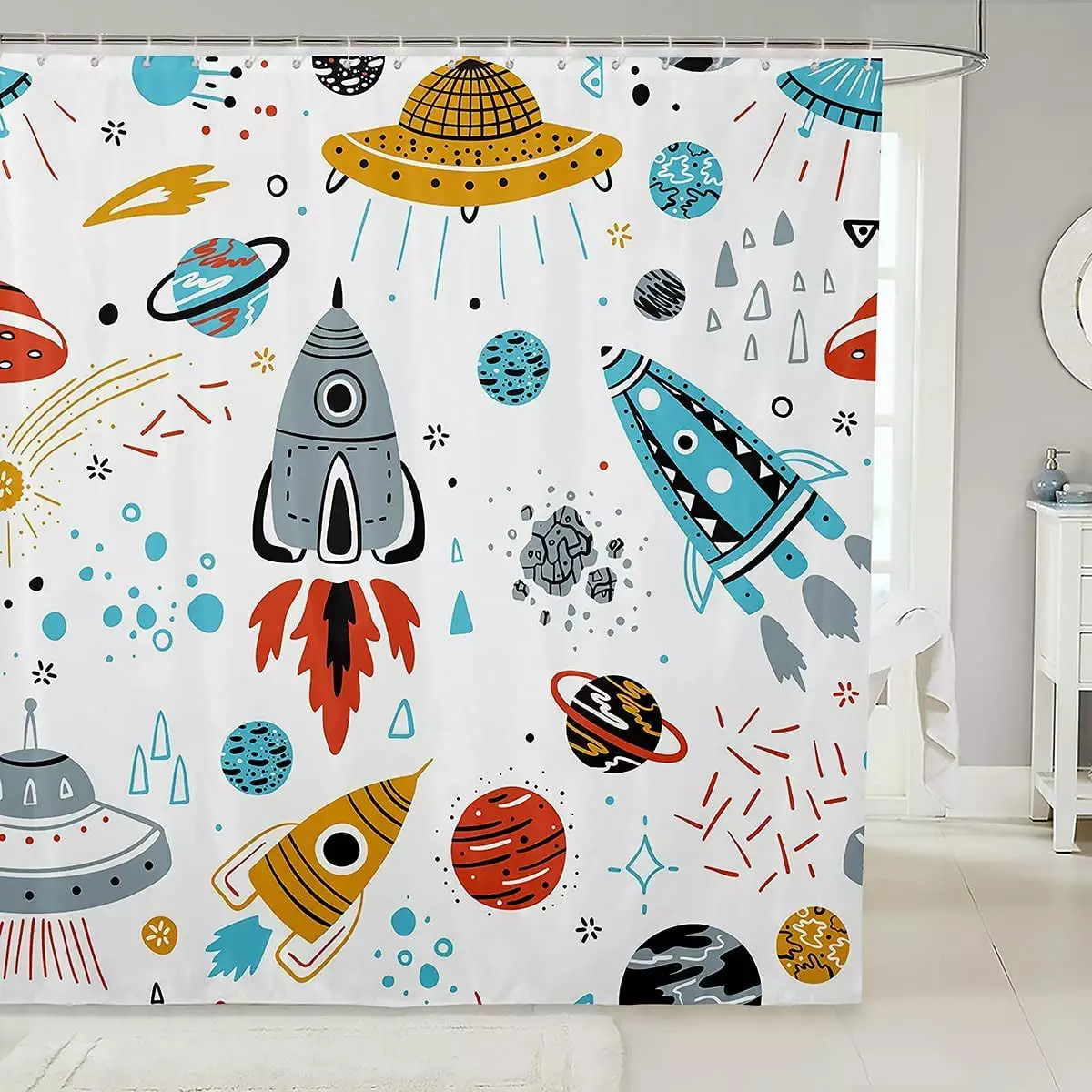 Kids Space Rocket Shower Curtain Boys Universe Planet Bathroom Shower Curtain Set for Children Outer Space Adventure Bath Curtain Space Ship Design Waterproof Room Decor 72x72