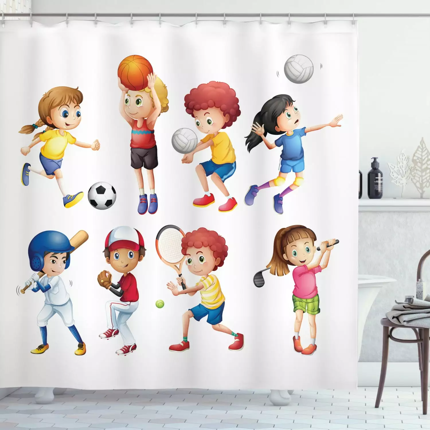 Kids Sports Shower Curtain. Children Playing Soccer Baseball Basketball Volleyball Golf Tennis Hobby Theme. Fabric Bathroom Set with Hooks. 69W X 70L Inches. Multicolor. by Ambesonne