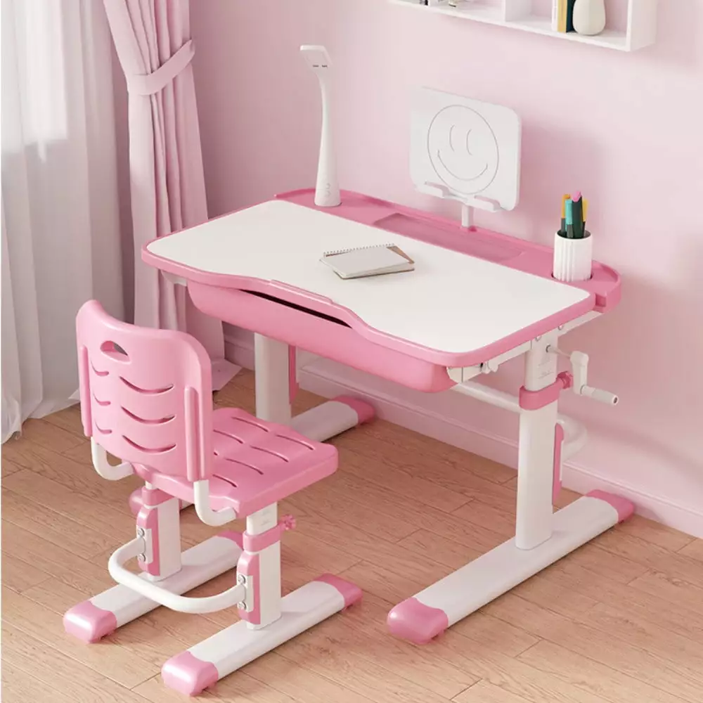 Kids Study Desk and Chair Set Height Adjustable. Ergonomic Children Study Table with Tilt Desktop. School Workstation Writing Functional Desk with Storage Drawers. LED Light. Bookstand (Pink W31.5in)