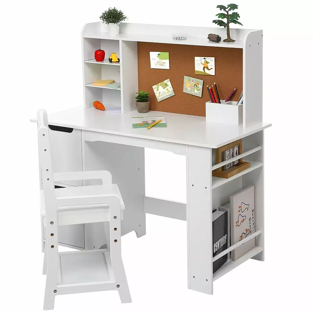 Kids Study Desk with Chair.Wooden Children School Study Table with Bookshelf. Bulletin Board and Cabinets for 3-8 Years Old.Computer Workstation & Writing Table