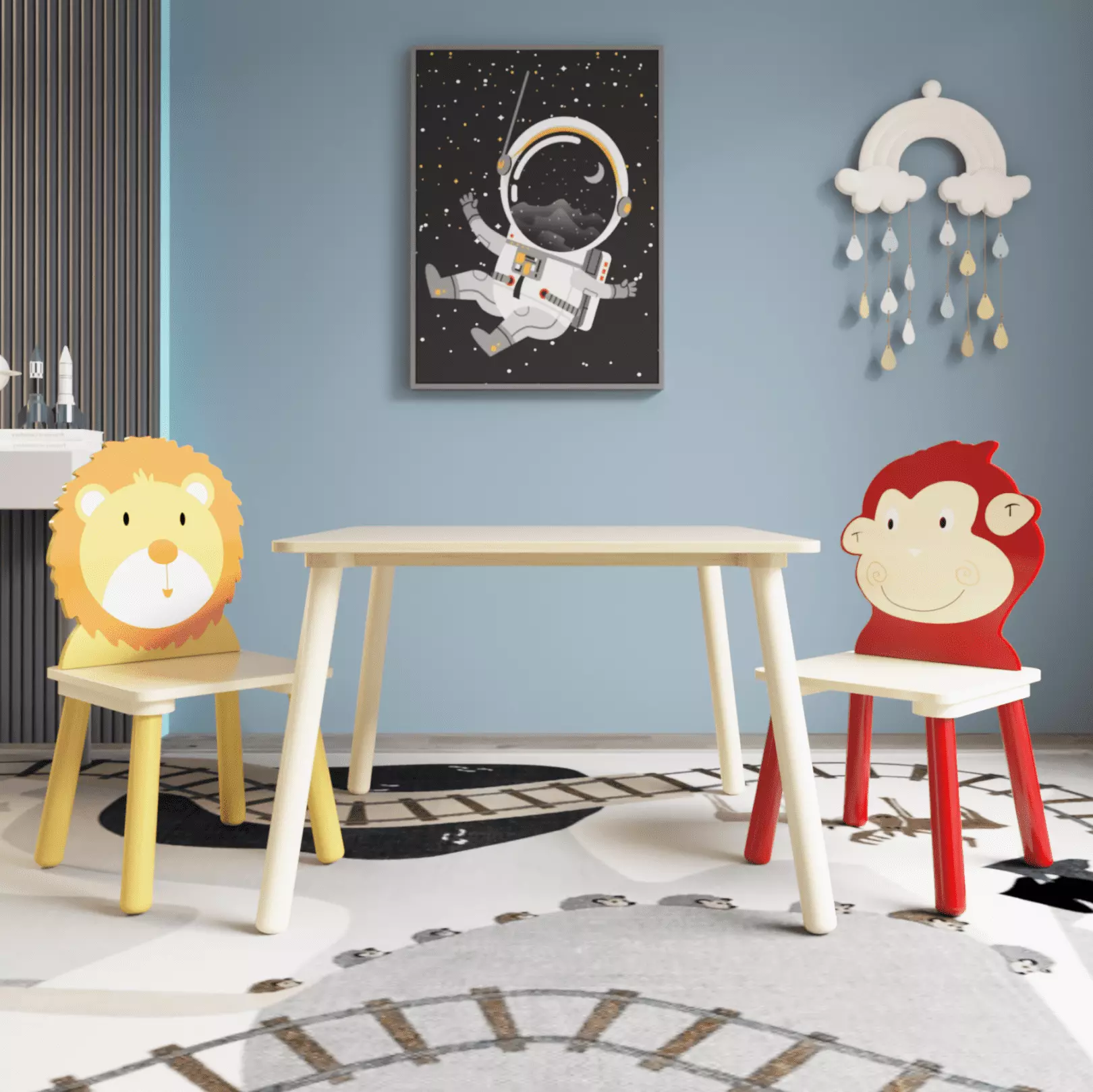 Kids Table and Chair Set. 3 Pieces Toddler Play Table and Chairs Set. Wood Table with 2 Cartoon Animals Chairs for Playroom Kindergarten (Lion and Monkey)