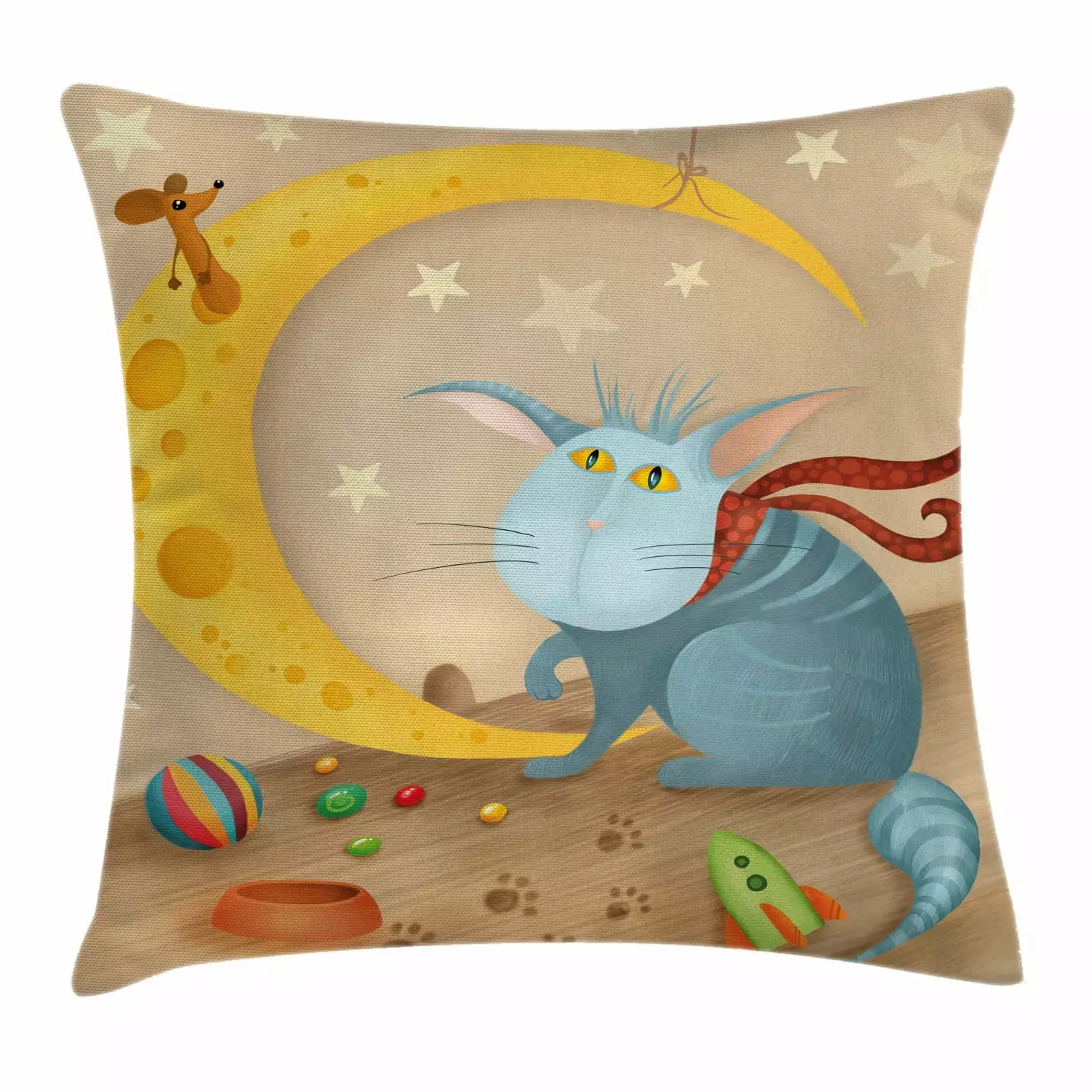 Kids Throw Pillow Cushion Cover. Cat and Mouse on Crescent Moon Shaped Cheese Cute Paws Toys Kids Children Cartoon. Decorative Square Accent Pillow Case. 18 X 18 Inches. Multicolor. by Ambesonne