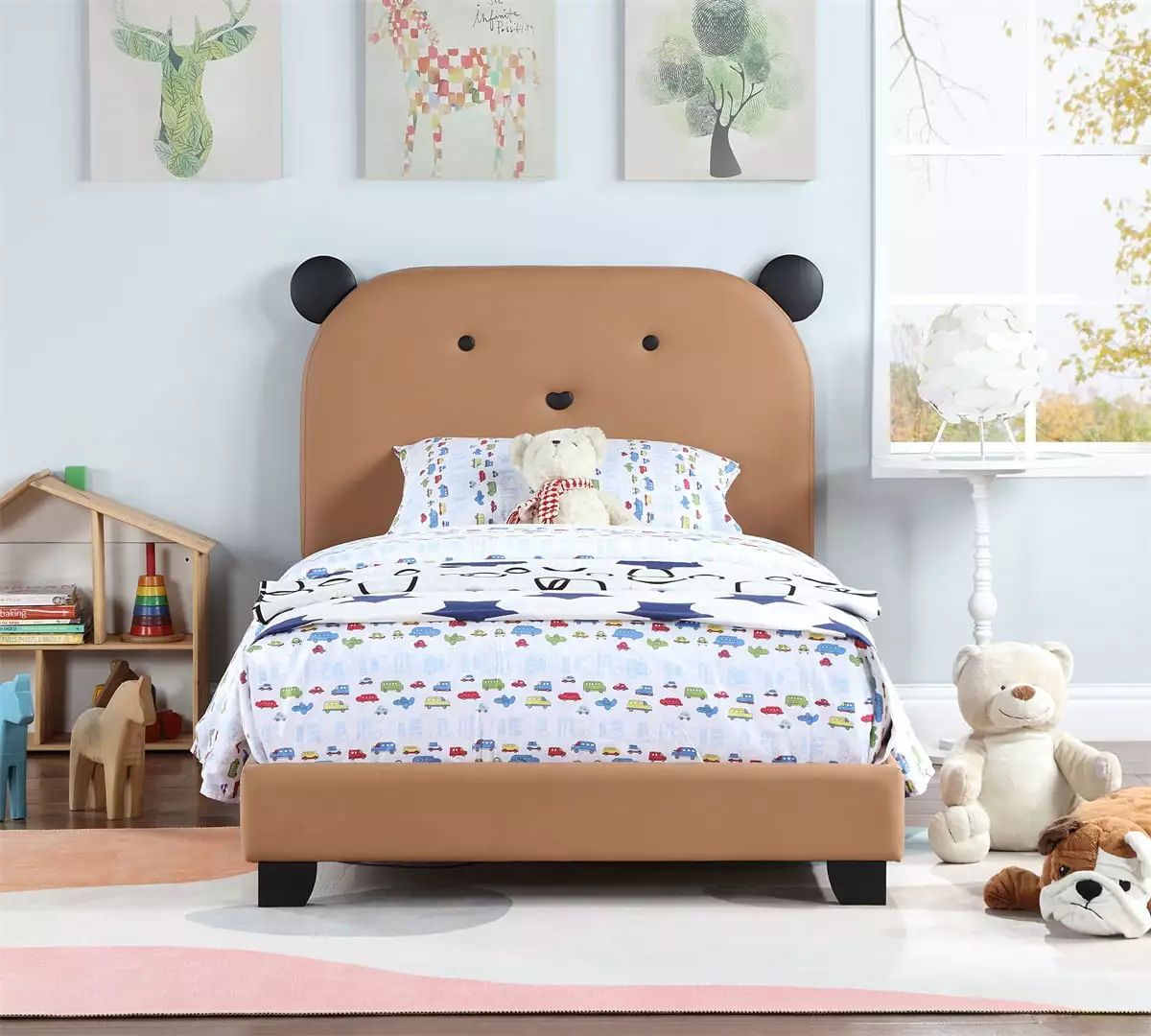 Kids Twin Bed. Twin Platform Bed with Bear Design Headboard for Girls Boys. Wooden Bed Frame with Slatted Bed Base