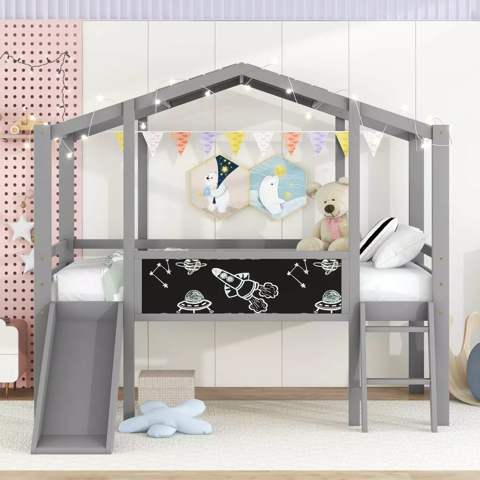 Kids Twin Size Loft Bed with Ladder and Slide. House Bed with Under-Bed Space and Guardrails Strip on the Roof. Wood Playhouse Bed Frame with Blackboard and Light. Gray