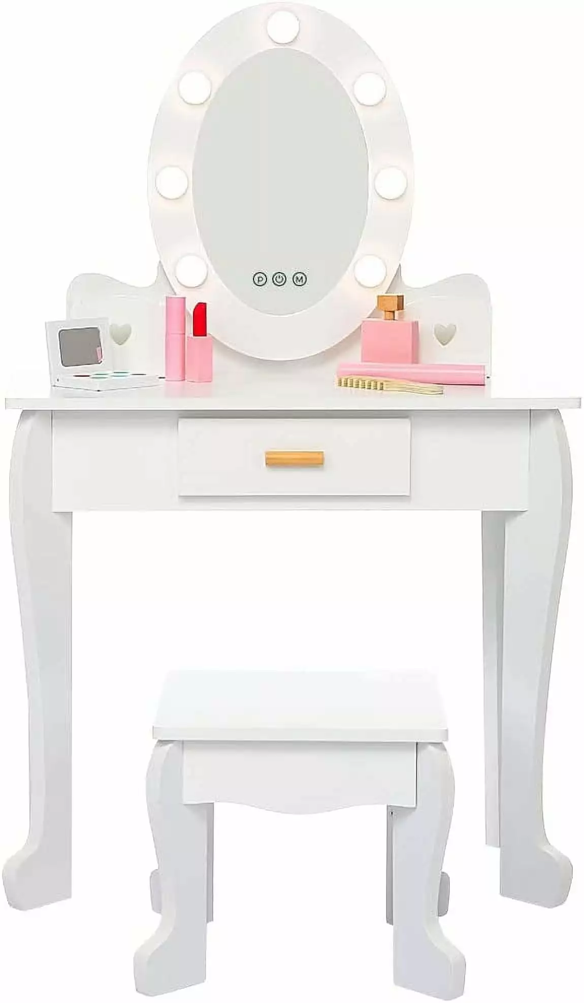 Kids Vanity with Mirror and Stool. Girls Vanity with Touch Light and Wood Makeup Playset. Princess Vanity Table for Toddlers. White