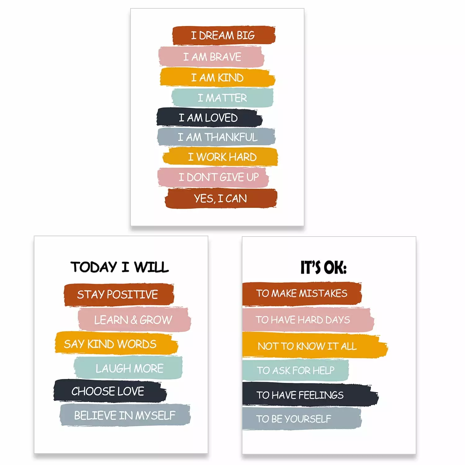 Kids Wall Art - Positive Quotes Print - Nursery Dcor - Encouragement Artwork - Inspirational Wall Decor for Boys Girls Bedroom Classroom - 8X10 UNFRAMED Prints Set of 3