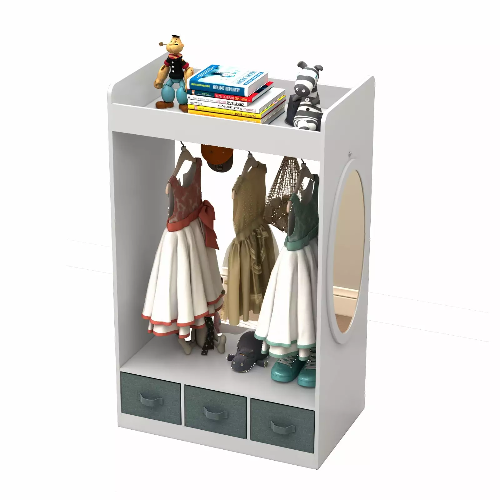 Kids Wardrobe Dress Up Storage with Mirror & 3 Drawers. Girls Armoire Closet Storage Organizer for Bedroom Nursery