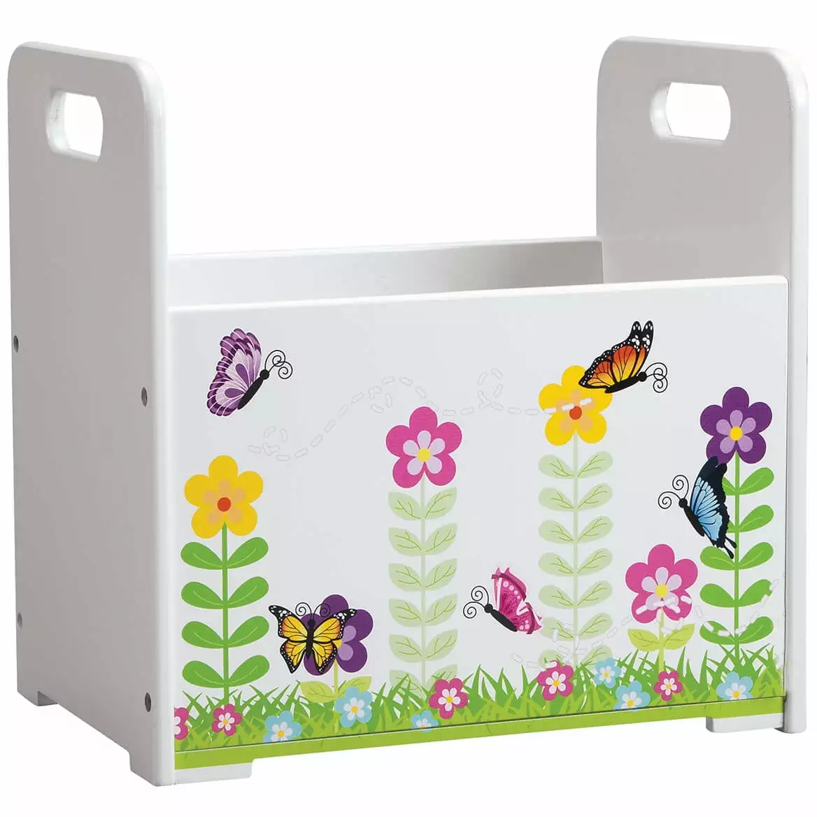 Kids Wooden Book Caddy. Children's Book Storage Bin. Flowers and Butterflies Design