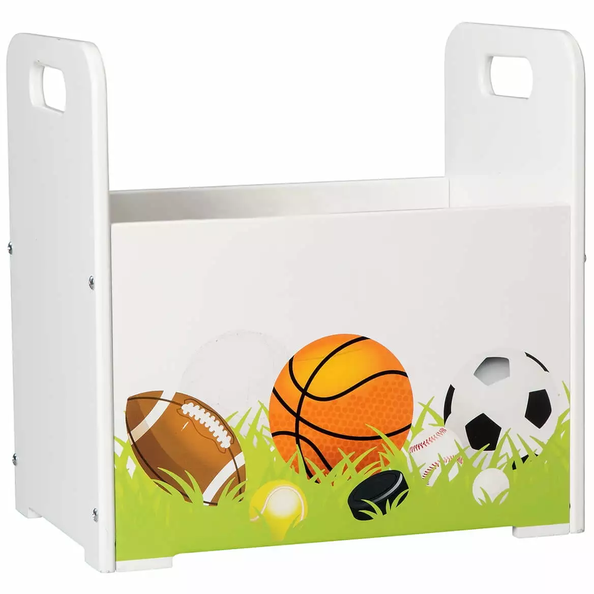 Kids Wooden Book Caddy. Portable Children's Book Storage Bin. Sports Themed Design