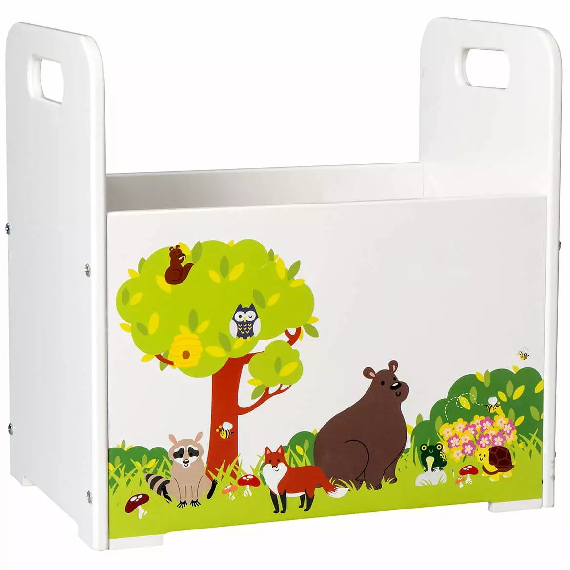 Kids Wooden Book Caddy. Portable Children's Book Storage Bin. Woodland Animals Design