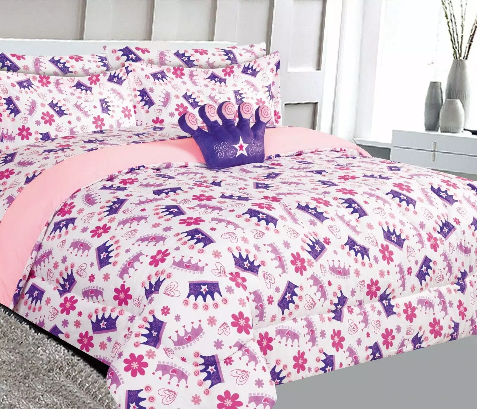 Kids bed in bag comforter and sheet set Full size 8pc crown purple super soft easy wash for boy girls kids bedroom d??cor