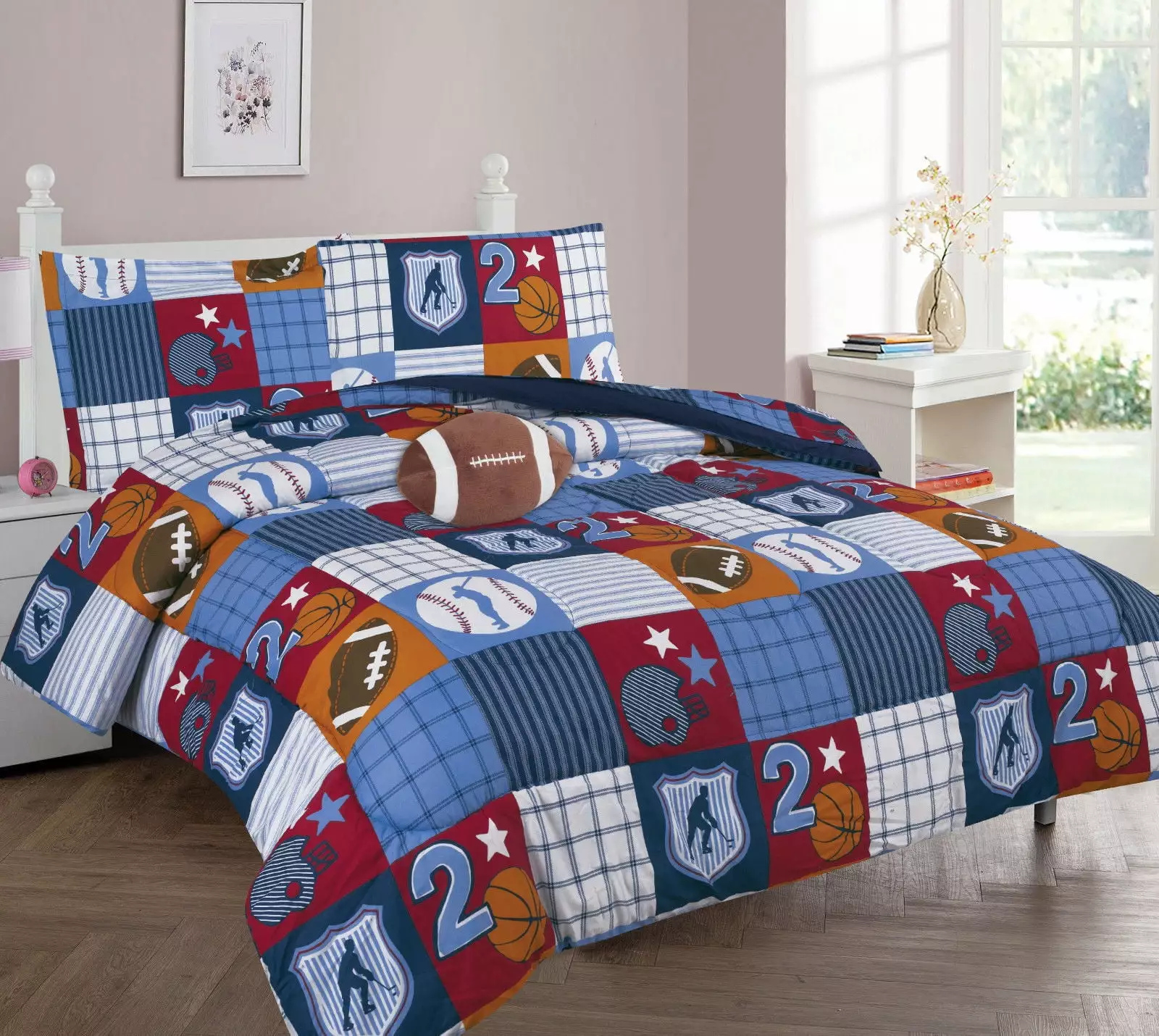 Kids bed in bag comforter and sheet set Full size 8pc patchwork sport super soft easy wash for boy girls kids bedroom d??cor