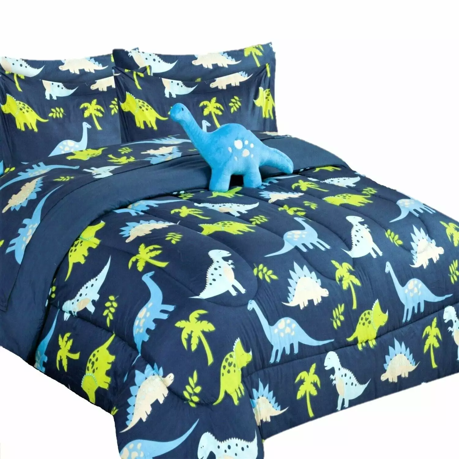 Kids bedding TWIN size comforter with matching sheet set and pillow plush toy super soft easy wash girl boy bed d??cor dinosaur blue print design