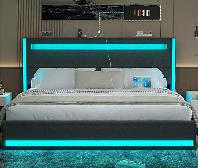 King Size Bed Frame and Adjustable Headboard. Light up Upholstered Platform