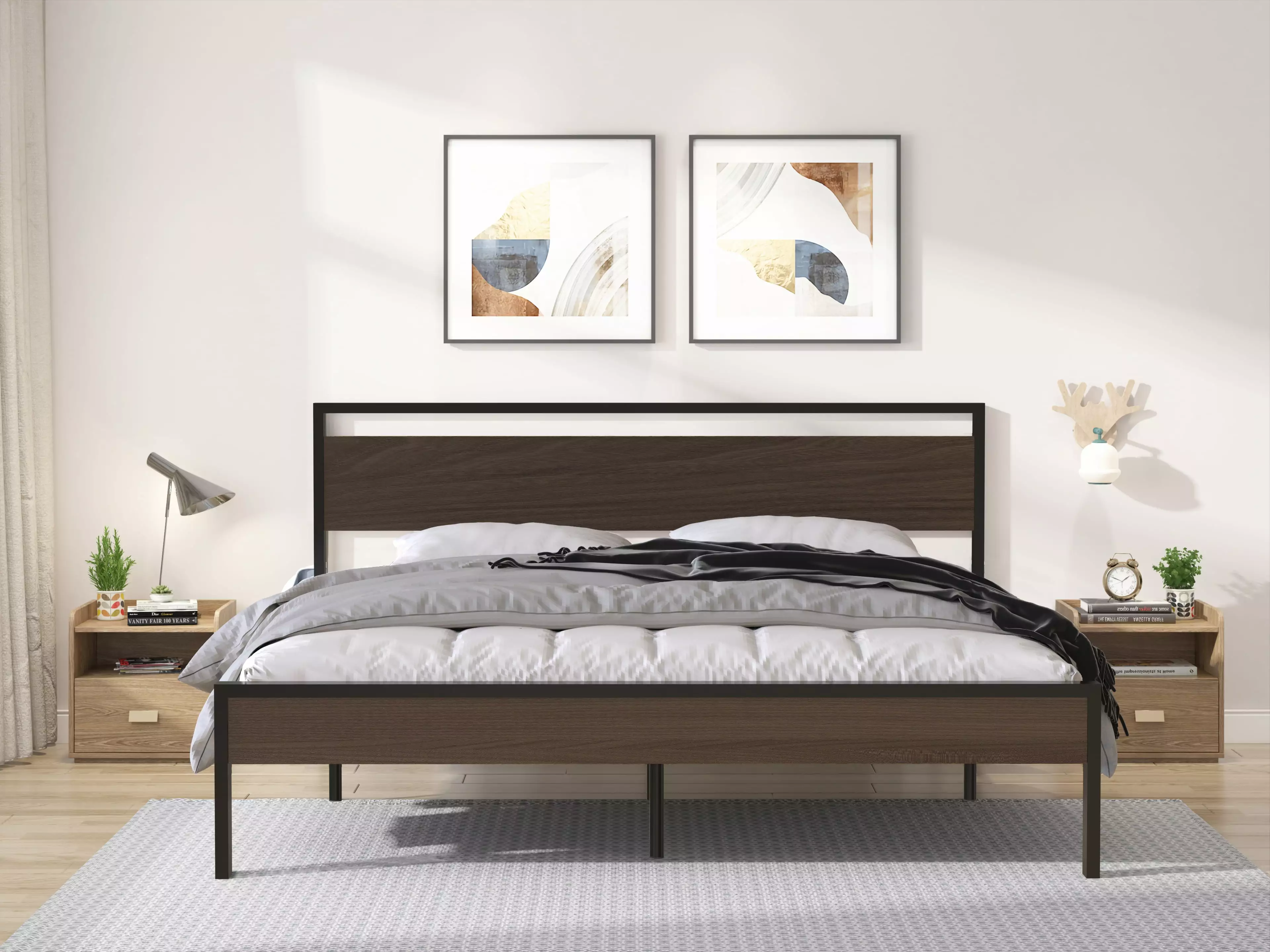 King Size Metal Bed Frame with Black Finish and Walnut Wood Headboard & Footboard