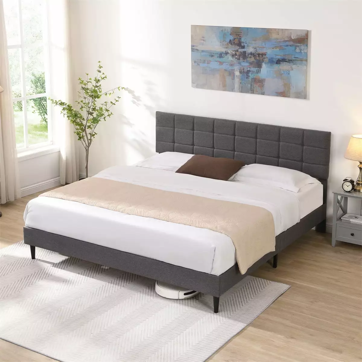 King Size Platform Bed Frame with Fabric Upholstered Headboard and Wooden Slats. Heave Duty King Bed Frame No Box Spring Needed/Easy Assembly