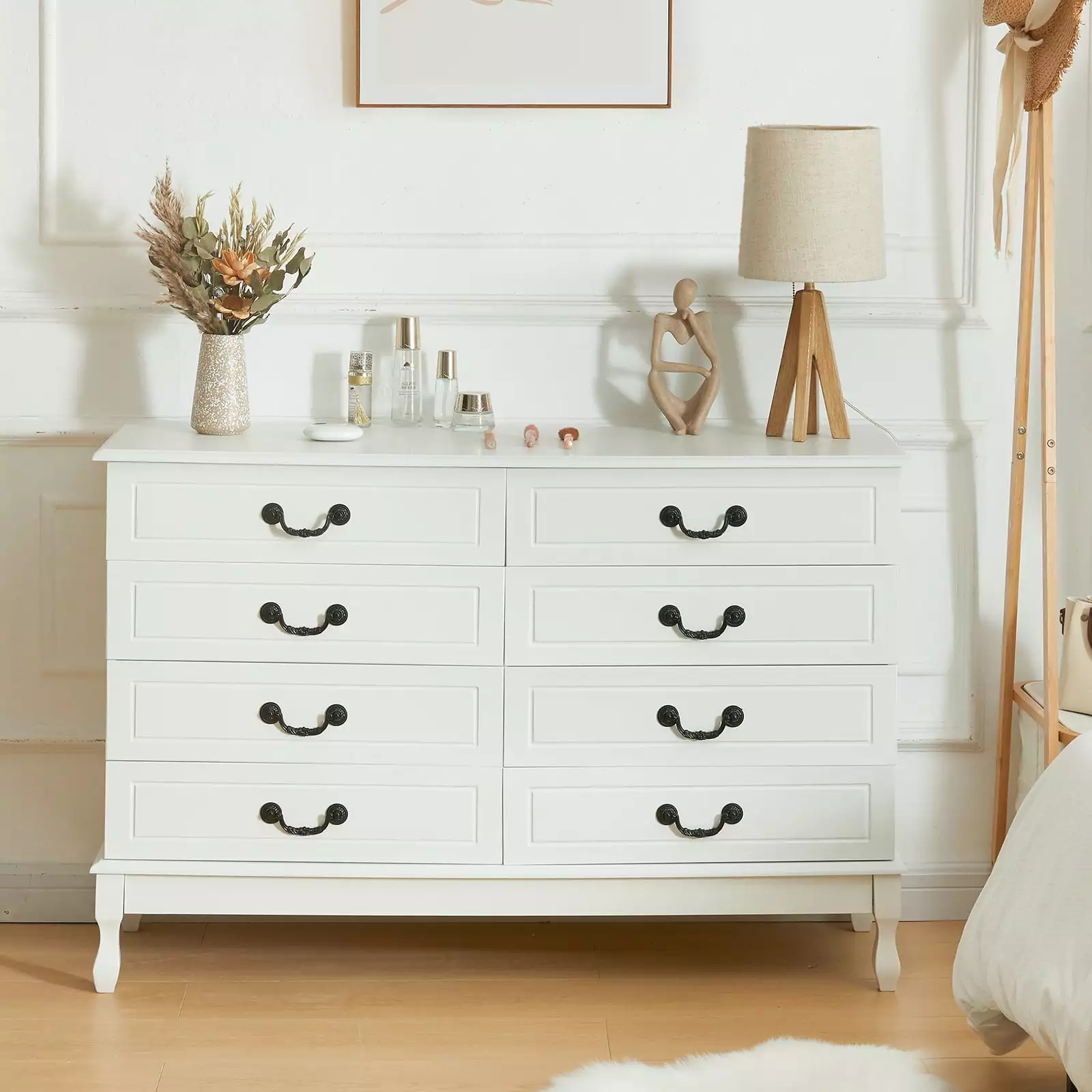 Kkonetoy 8-Drawer Dresser Chest of Drawers. Large Wood Dressers with Black Handle. White