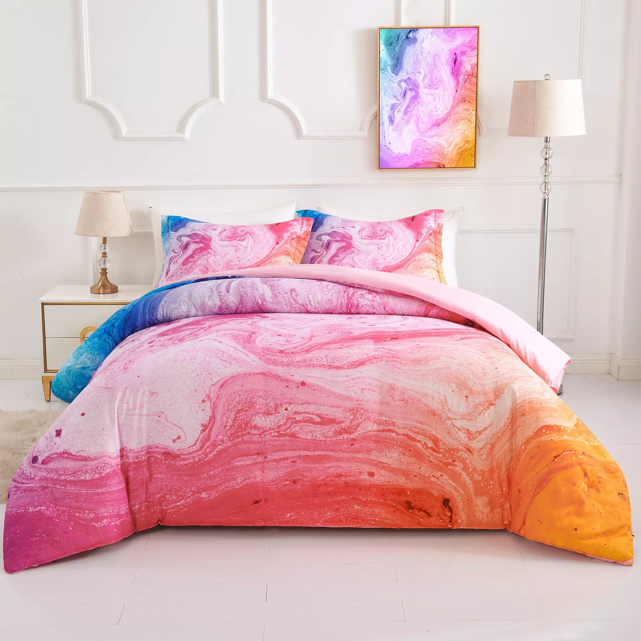 Koniroom Gradient Abstract Marble Comforter Set for Teen Girls. Kids Soft Tie Dye Reversible Full/Queen Bedding Set. 3 Pieces All Season Bed Set. Blue Pink Purple