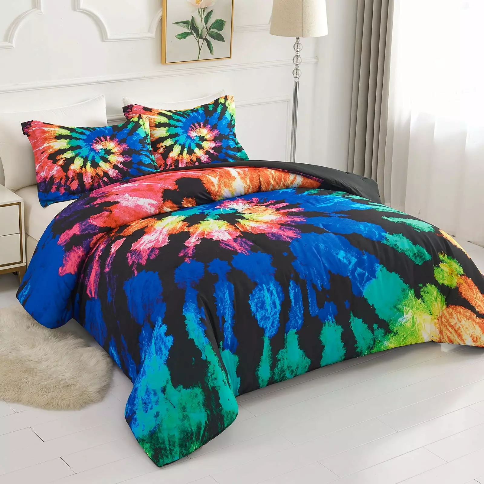 Koniroom Tie Dye Comforter Full/Queen Size for Teen Boys Girls Women. Trippy Hippie Psychedelic Gypsy Room Decor Soft Reversible Bedding Set. 3 Pieces All Season Bed Set. Blue Black Purple