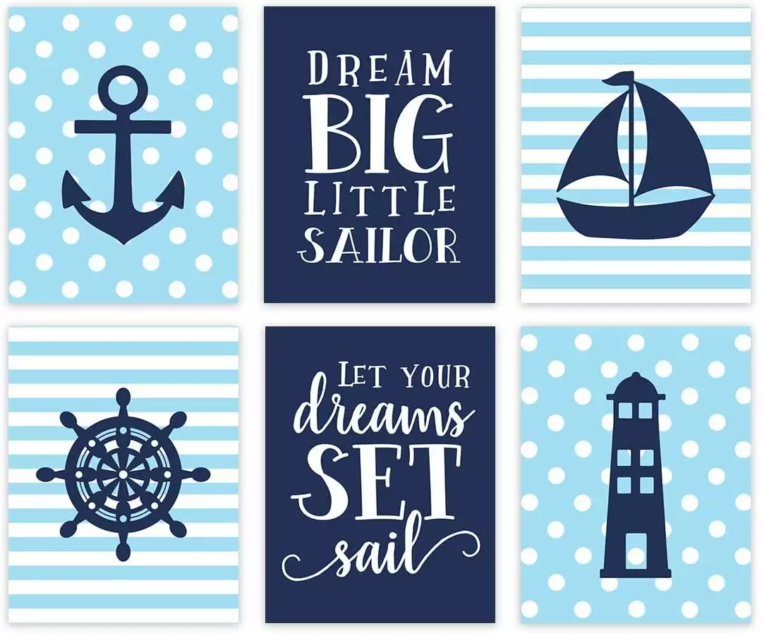 Koyal Wholesale Nautical Theme Nursery Hanging Wall Art. Baby Blue Stripes Dots. Dream Big. Let Your Dreams Set Sail