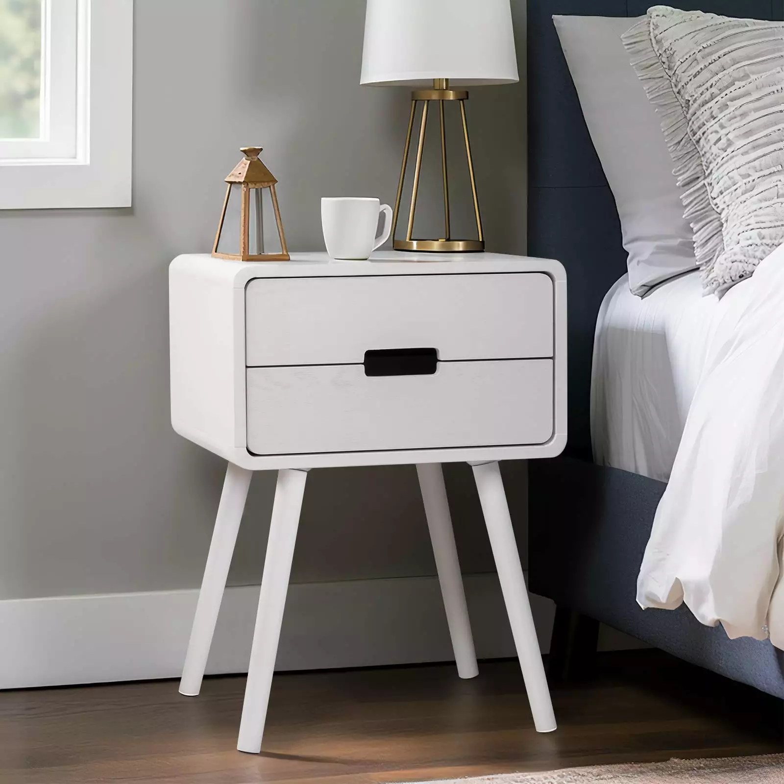 Ktaxon 2 Drawer Mid Century Modern Nightstand End Table. Solid Wood Side Table for Bedroom Furniture. White