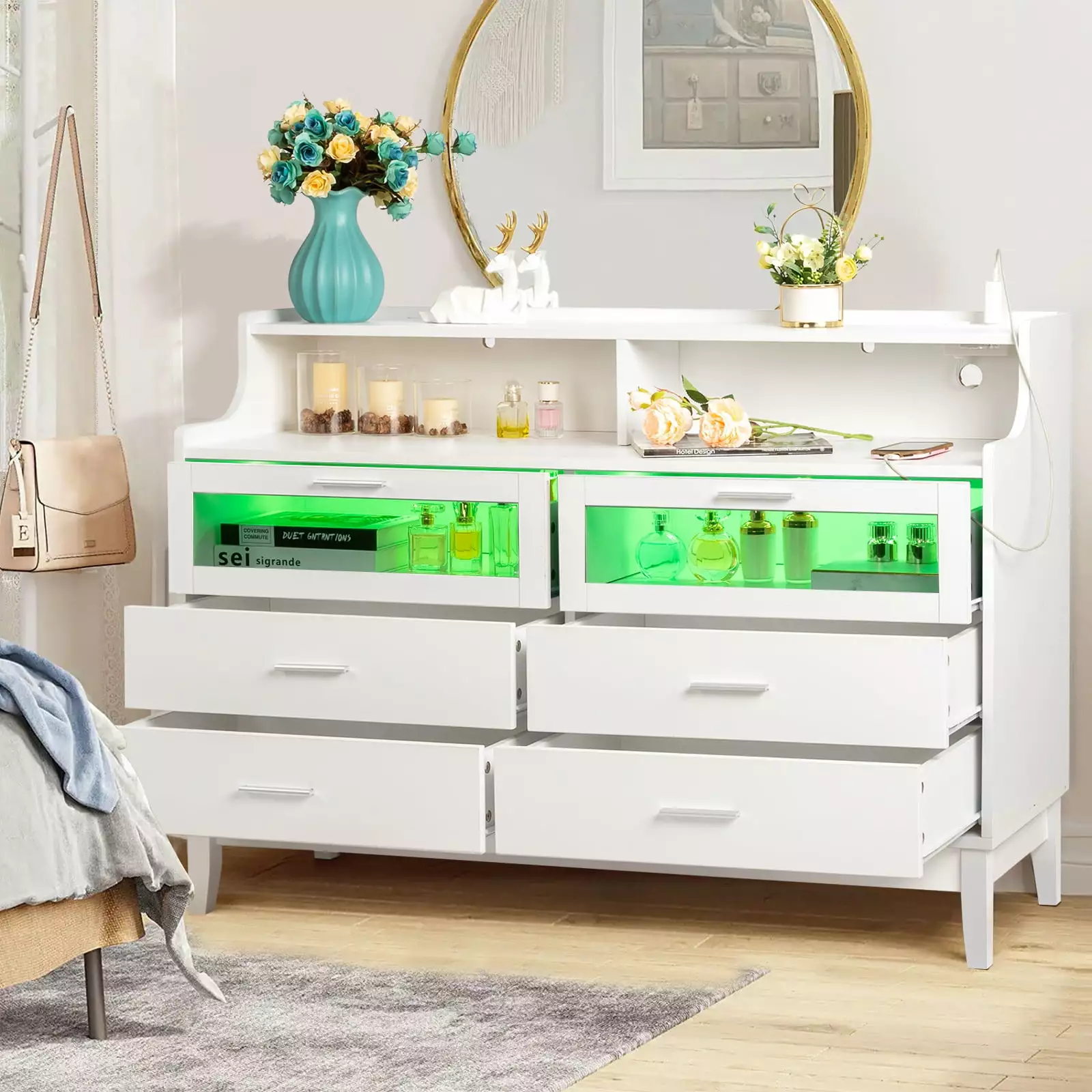 Ktaxon 6 Drawer Double Dresser with LED and USB Charging Station. Kids Dresser. Nursery Dresser Drawer Organizer. Chest Of Drawers. White