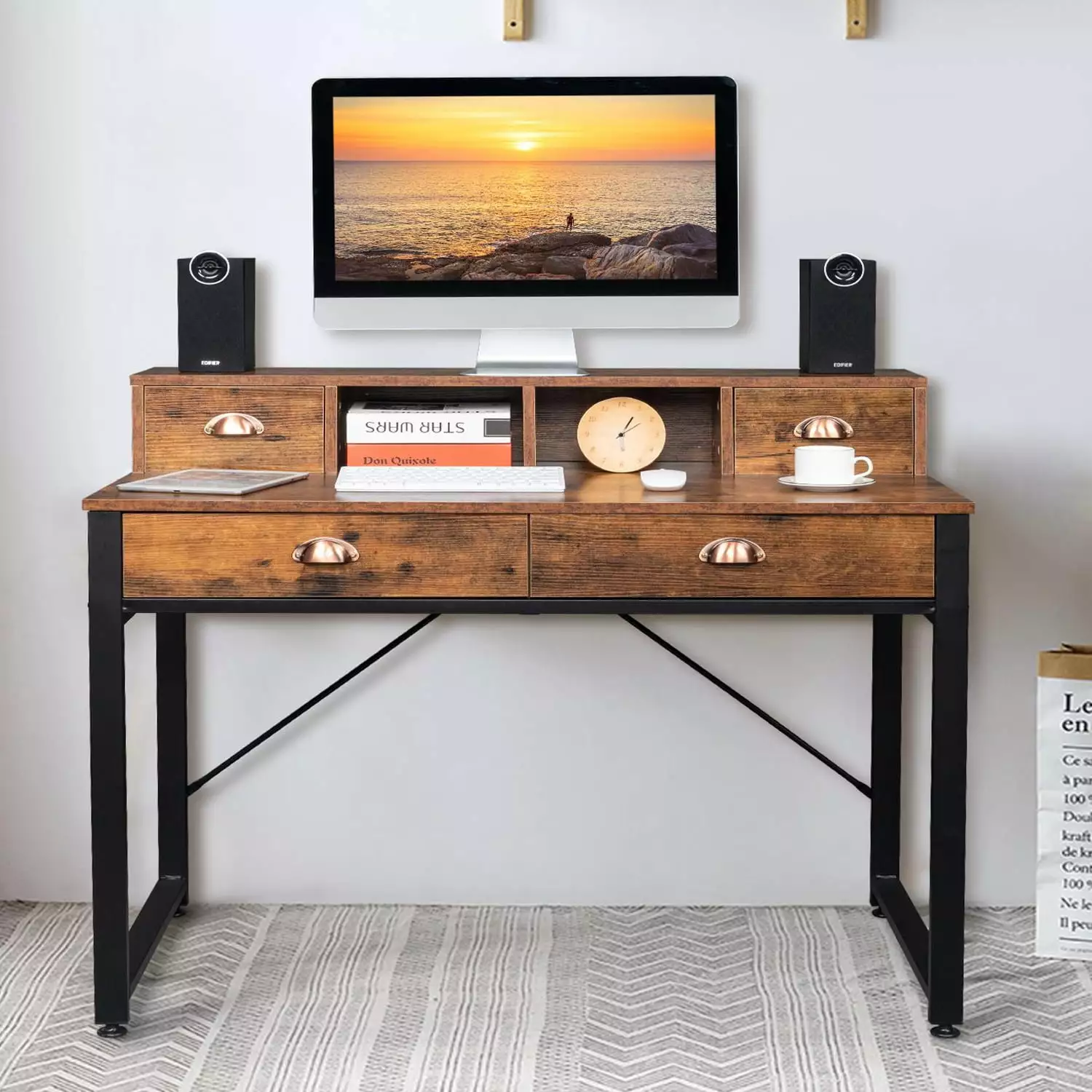 Ktaxon Computer Desk 41 for Home Office. Study Writing Work Desk with Storage Drawers Small Table. Modern Simple Style. Rustic Brown