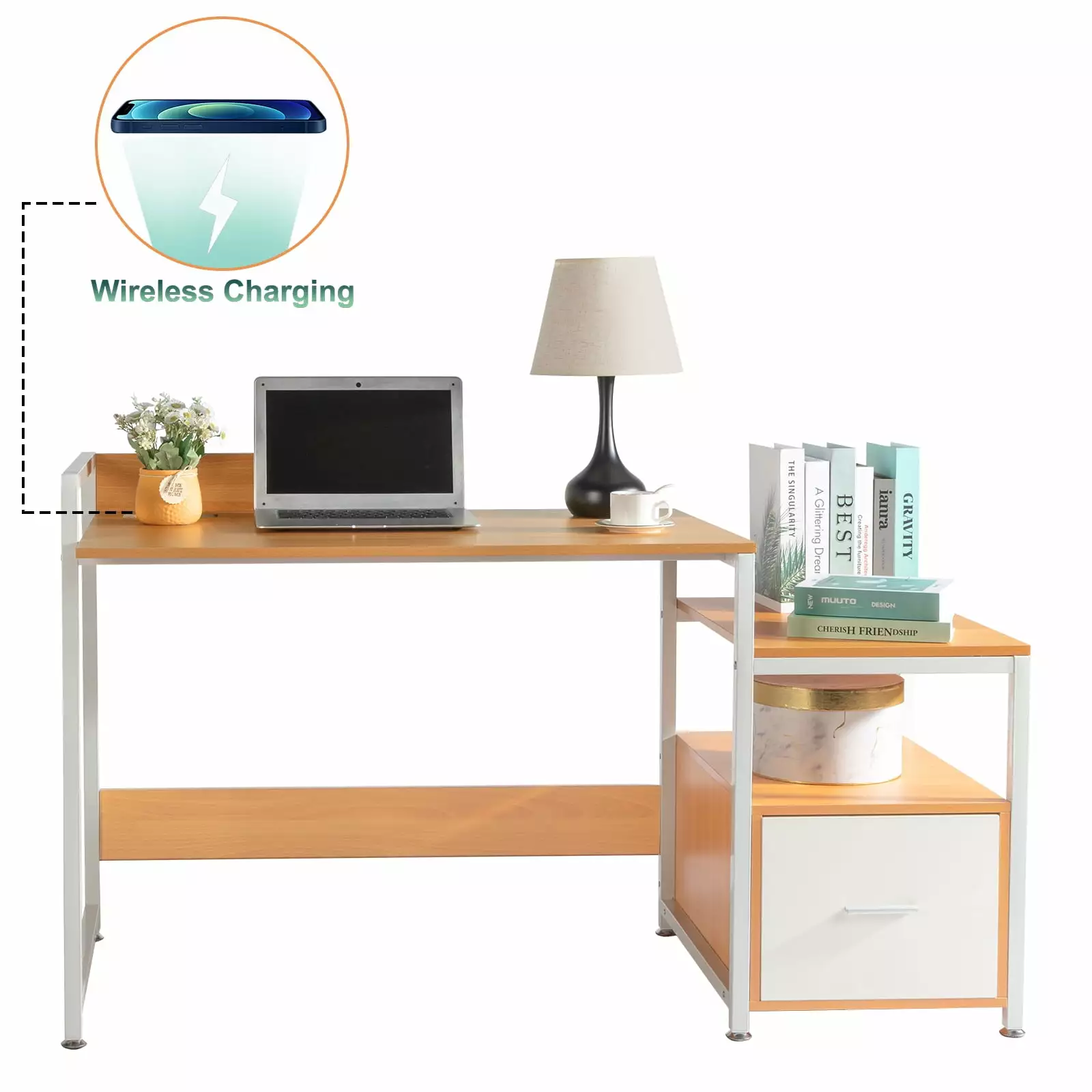 Ktaxon Computer Desk with Wireless Charging Station.Home Office Workstation Laptop Study Table w/Drawer