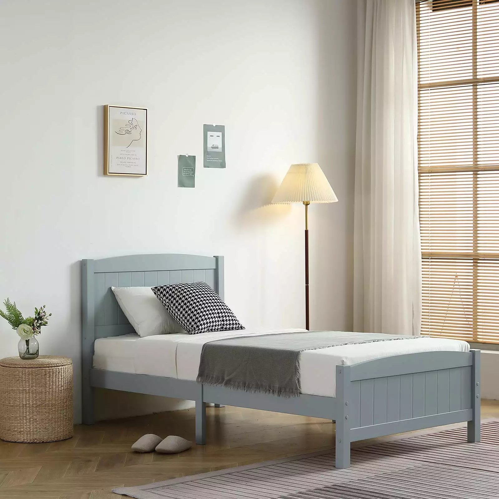 Ktaxon Deluxe Wood Platform Bed with Headboard. Teen Bed Gray.Twin