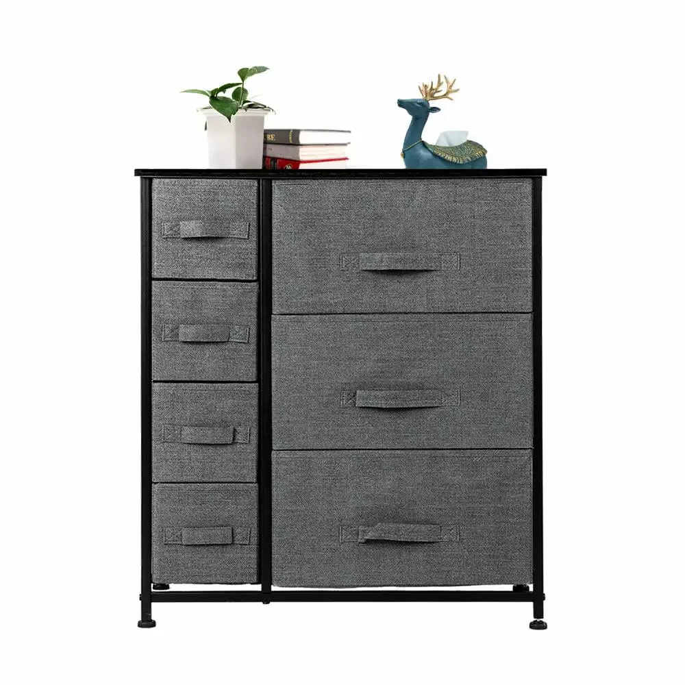 Ktaxon Dresser with 3 Big 4 Small Drawers - Furniture Storage Tower Unit.Steel Frame. Wood Top. Easy Pull Fabric Bins.Gray