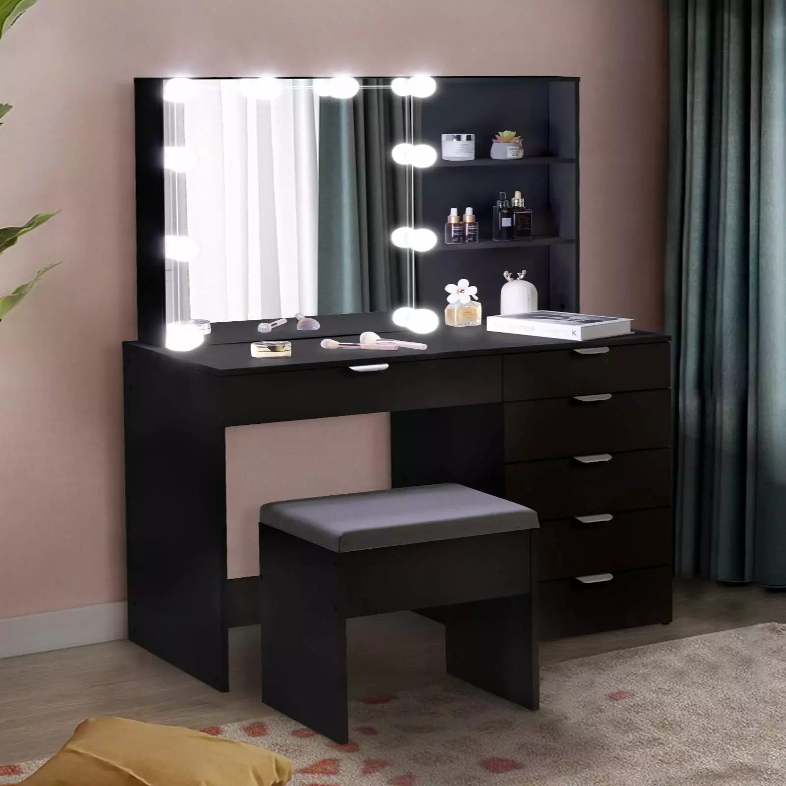 Ktaxon Large Vanity Set Makeup Vanity Dressing Table with Sliding Lighted Mirror. 6 Drawers & Shelves. Dresser Desk and Cushioned Stool Set (Black)